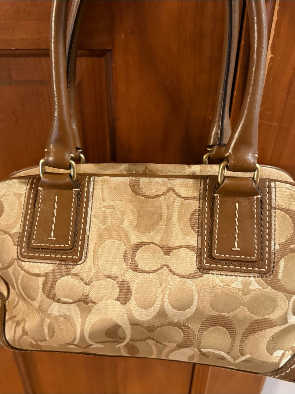 Beige and Brown Signature-Pattern Satchel Handbag